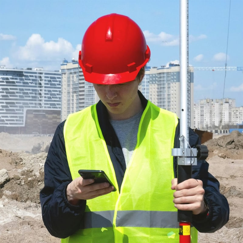 Construction surveyor looking at mobile phone