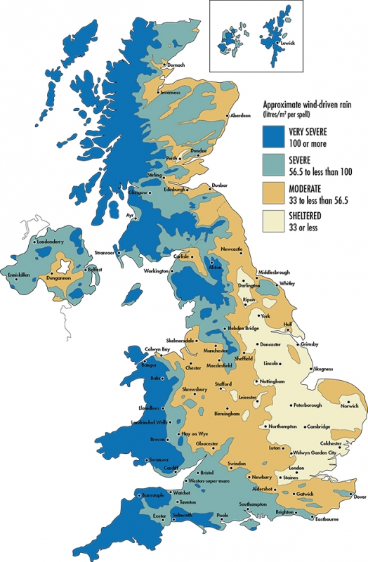 Exposure zone map showing all zones across the UK . SureCav is BBA approved in all exposure zones and can be used even in the most severe zone to prevent wind-driven rain and moisture issues.